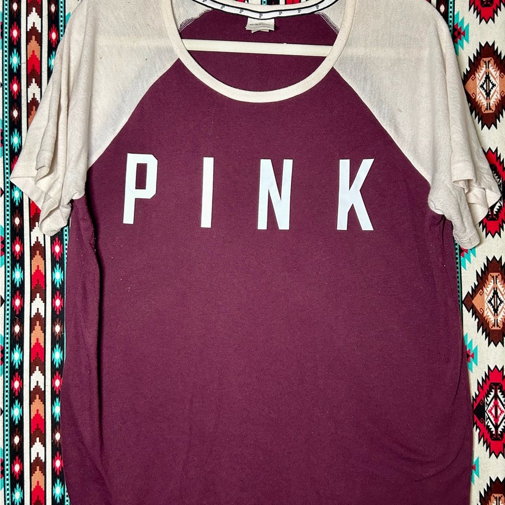 Victoria's Secret PINK Burgundy and Cream Tee